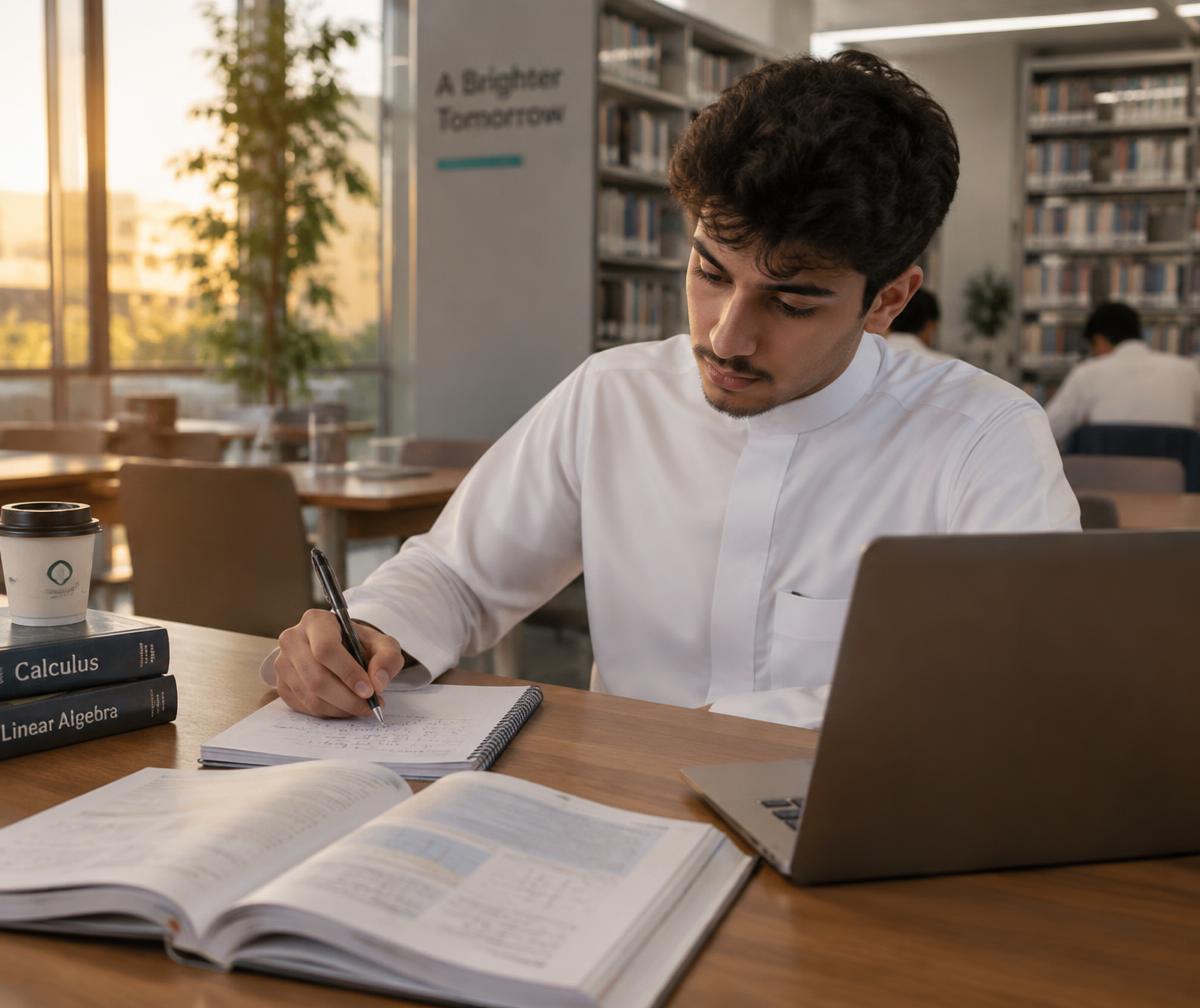 طالب يذاكر في مكتبة جامعية
